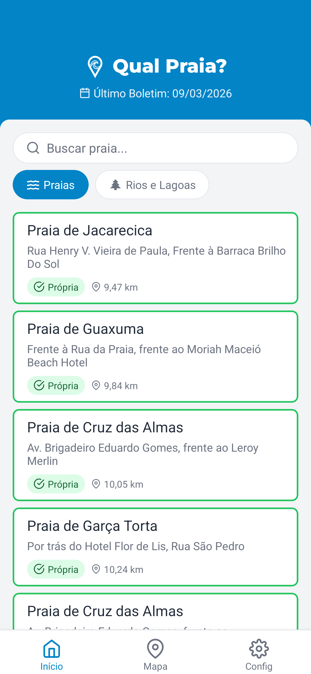 Captura de tela inicial do aplicativo Qual Praia